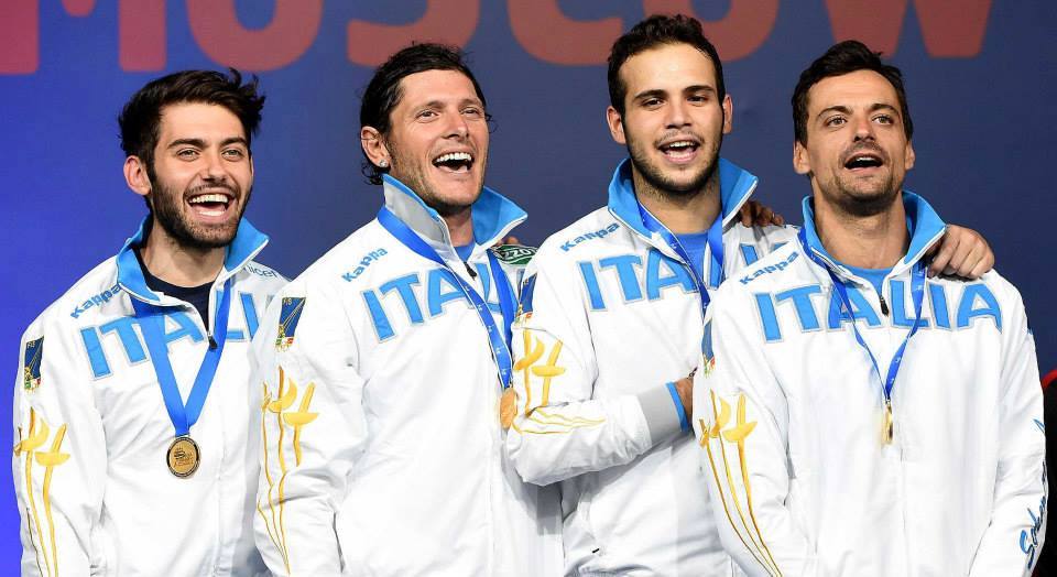 Mosca - Campionato del Mondo La squadra di sciabola maschile: Enrico Berrè, Aldo Montano, Luca Curatoli e Diego Occhiuzzi. (foto Bizzi per Federscherma)