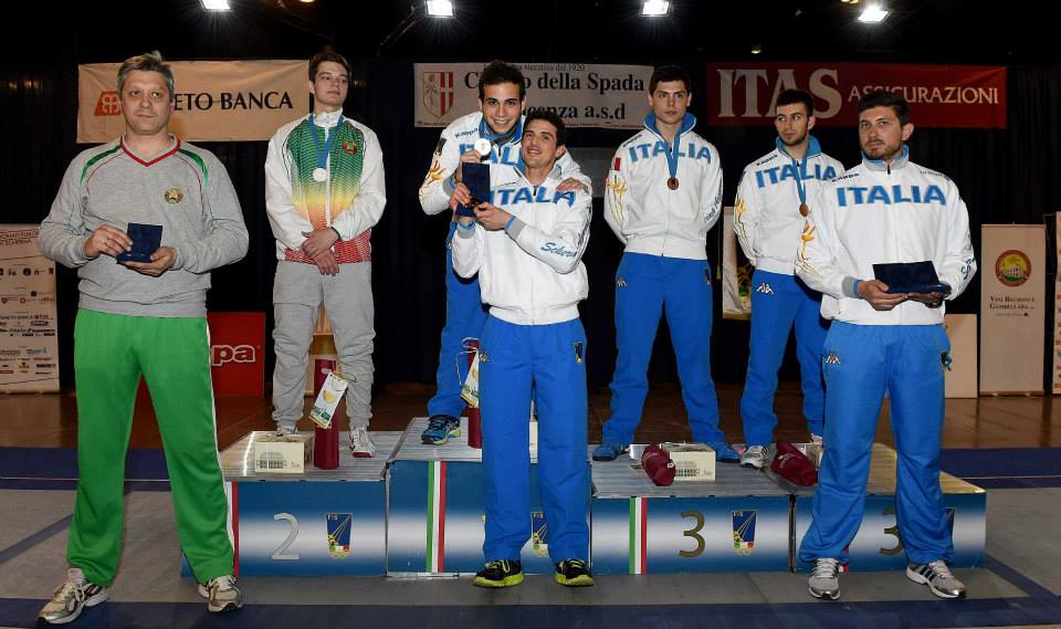 Vicenza 25.04.2015 EuropeoU23 - Il podio della Sciabola maschile 1. Curatoli (ITA), 2. Novikau (Blr), 3. Affede (ITA) e Scepi (ITA)